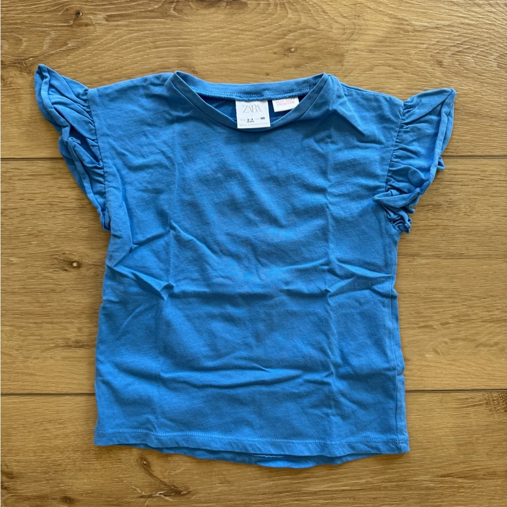 Zara Blue Short Sleeve Tee with Ruffled Sleeves